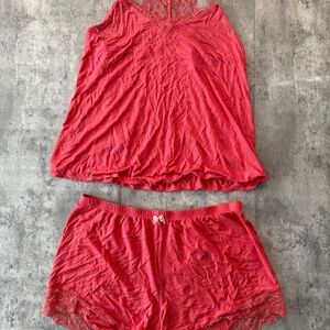 Womens M Coral Pink Lace Camisole Summer Tank Top & Shorts Pajama Set